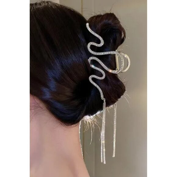 Rhinestone Geometric Chain Tassel Headband & Hair Claw Clip Elegant Crystal - Picture 2 of 6